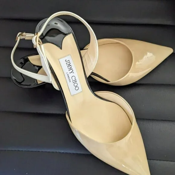 Jimmy Choo Women Patent Leather Pointed Colorblock Slingbacks Beige/Blk - Picture 10 of 10